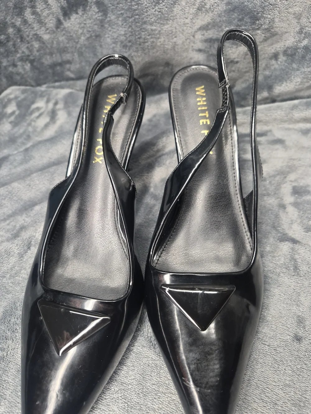 White Fox Black  Patent Leather Slingback Heels Pointed Toe Stillettos Size 9